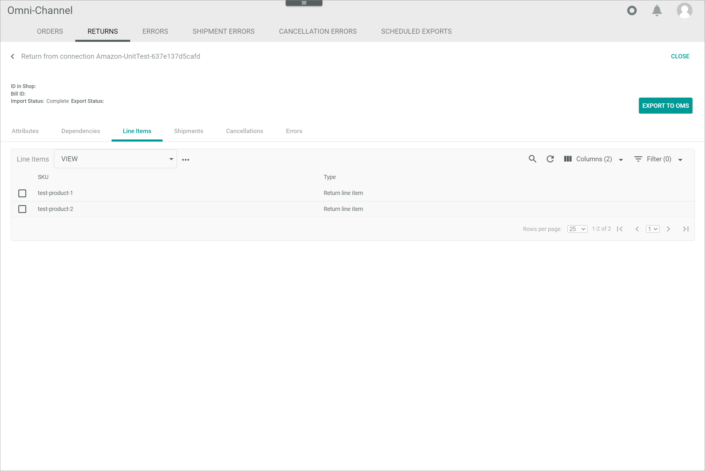 Return connection line items