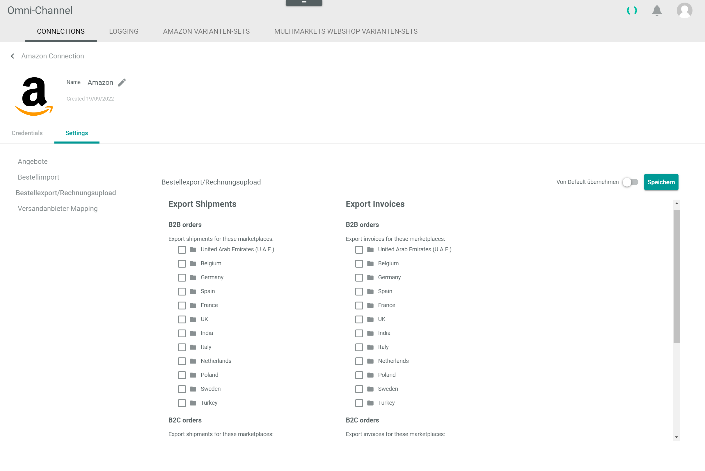 Settings order export/invoice upload