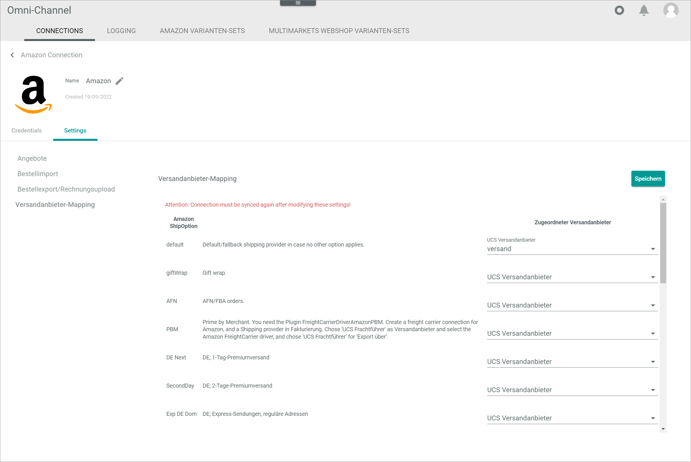 Settings shipping provider mapping