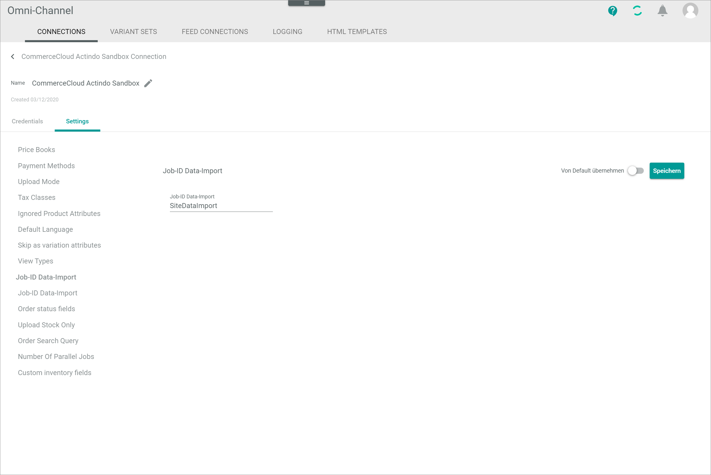 Settings job ID data import