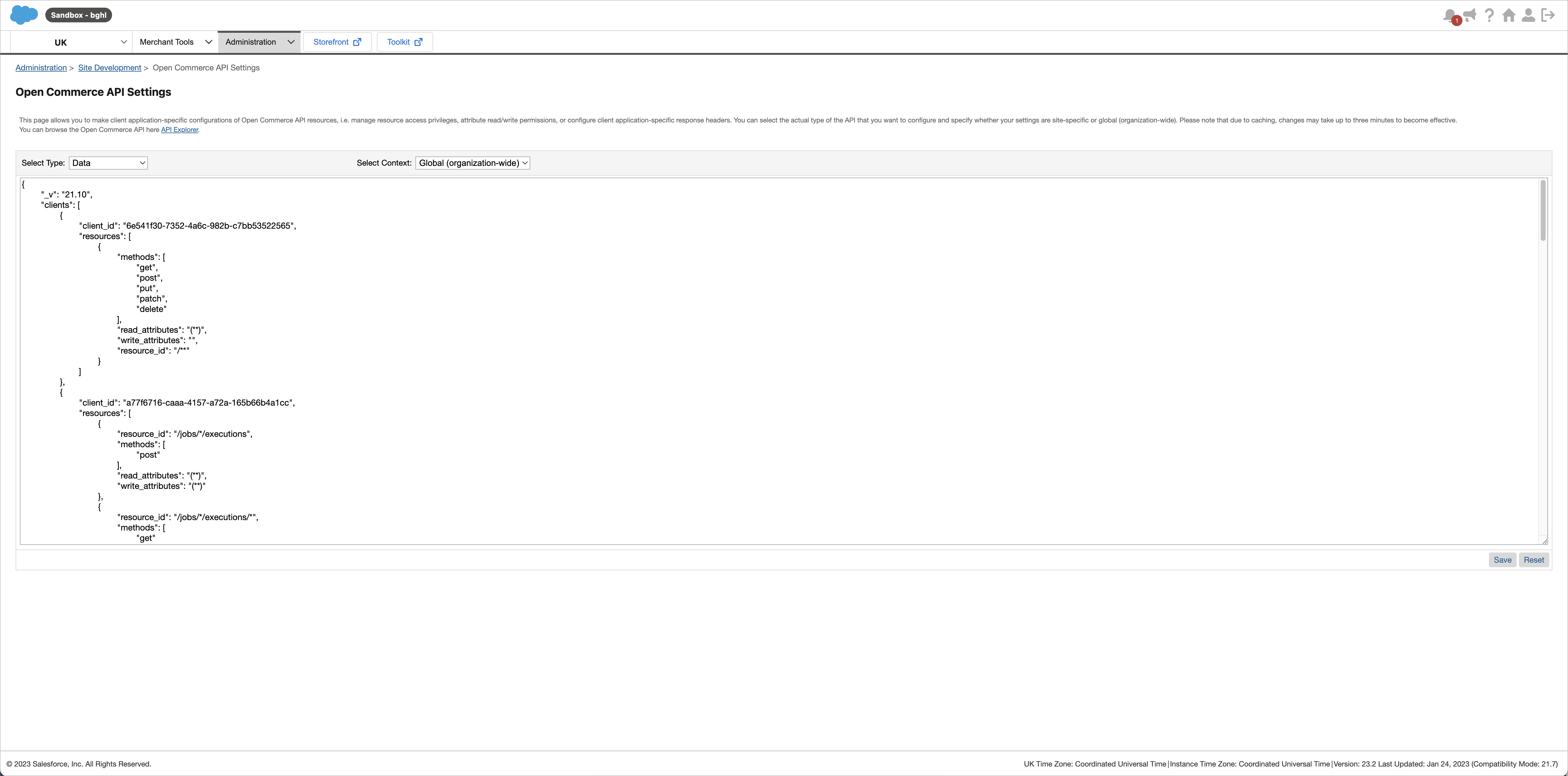 Open Commerce API Settings Data