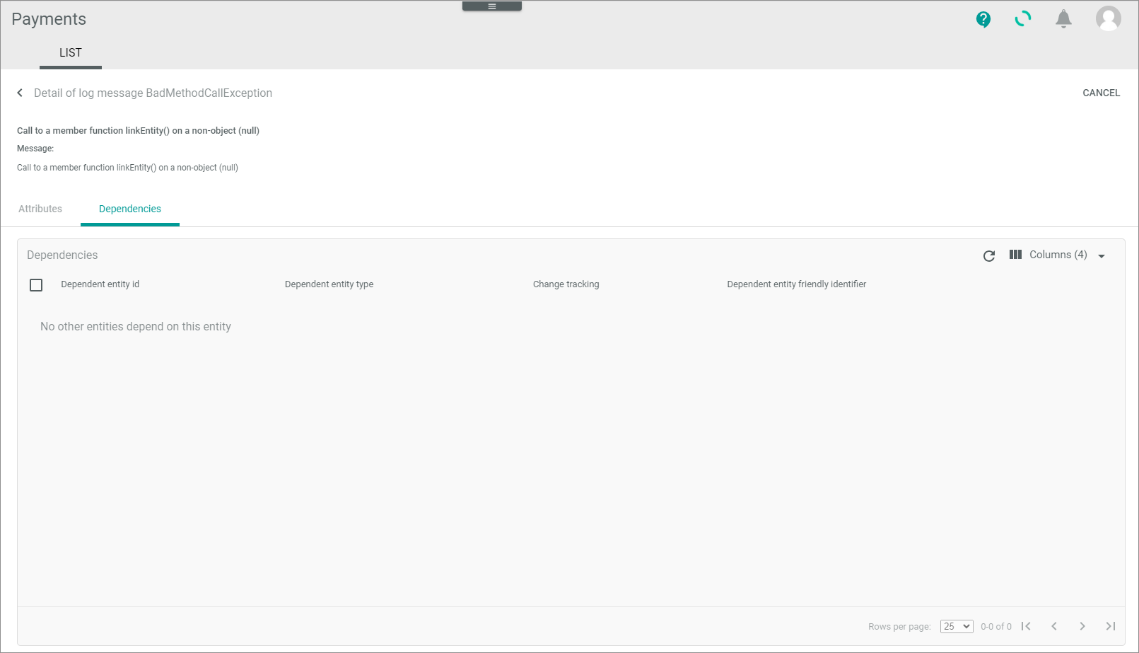Detail of log message – Dependencies